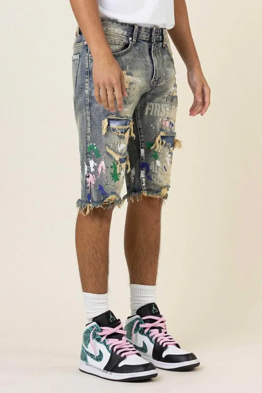 TEEK - Medium Sand Tint Hand Painted & Print Rip & Repair Denim Shorts