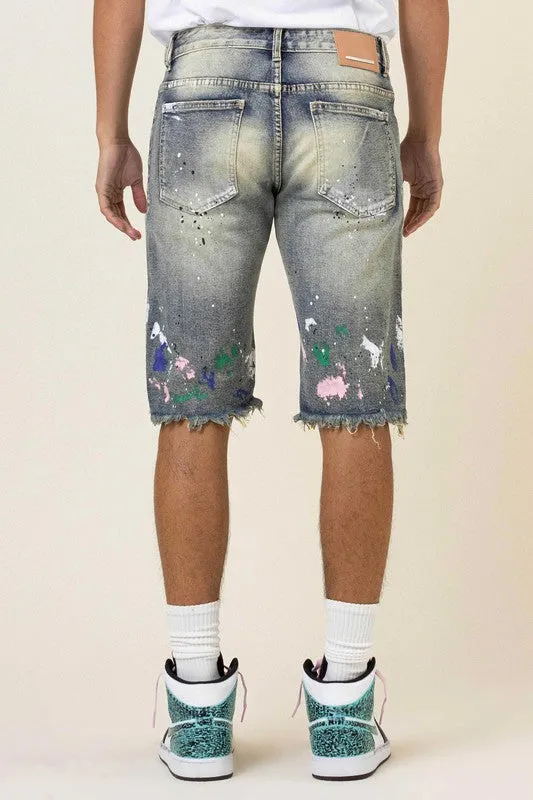 TEEK - Medium Sand Tint Hand Painted & Print Rip & Repair Denim Shorts