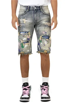 TEEK - Medium Sand Tint Hand Painted & Print Rip & Repair Denim Shorts