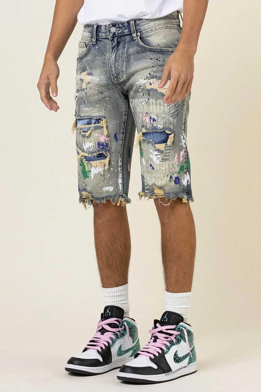 TEEK - Medium Sand Tint Hand Painted & Print Rip & Repair Denim Shorts