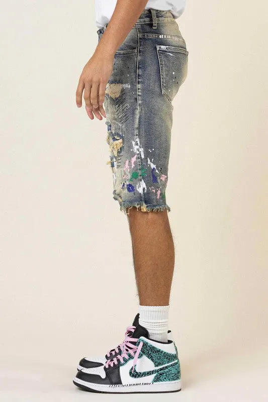 TEEK - Medium Sand Tint Hand Painted & Print Rip & Repair Denim Shorts