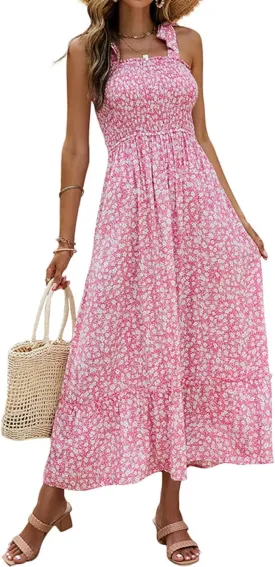 Tobrief Women's Boho Dress Summer Spaghetti Strap Square Neck Flowy Ruffle Beach Long Maxi Dress