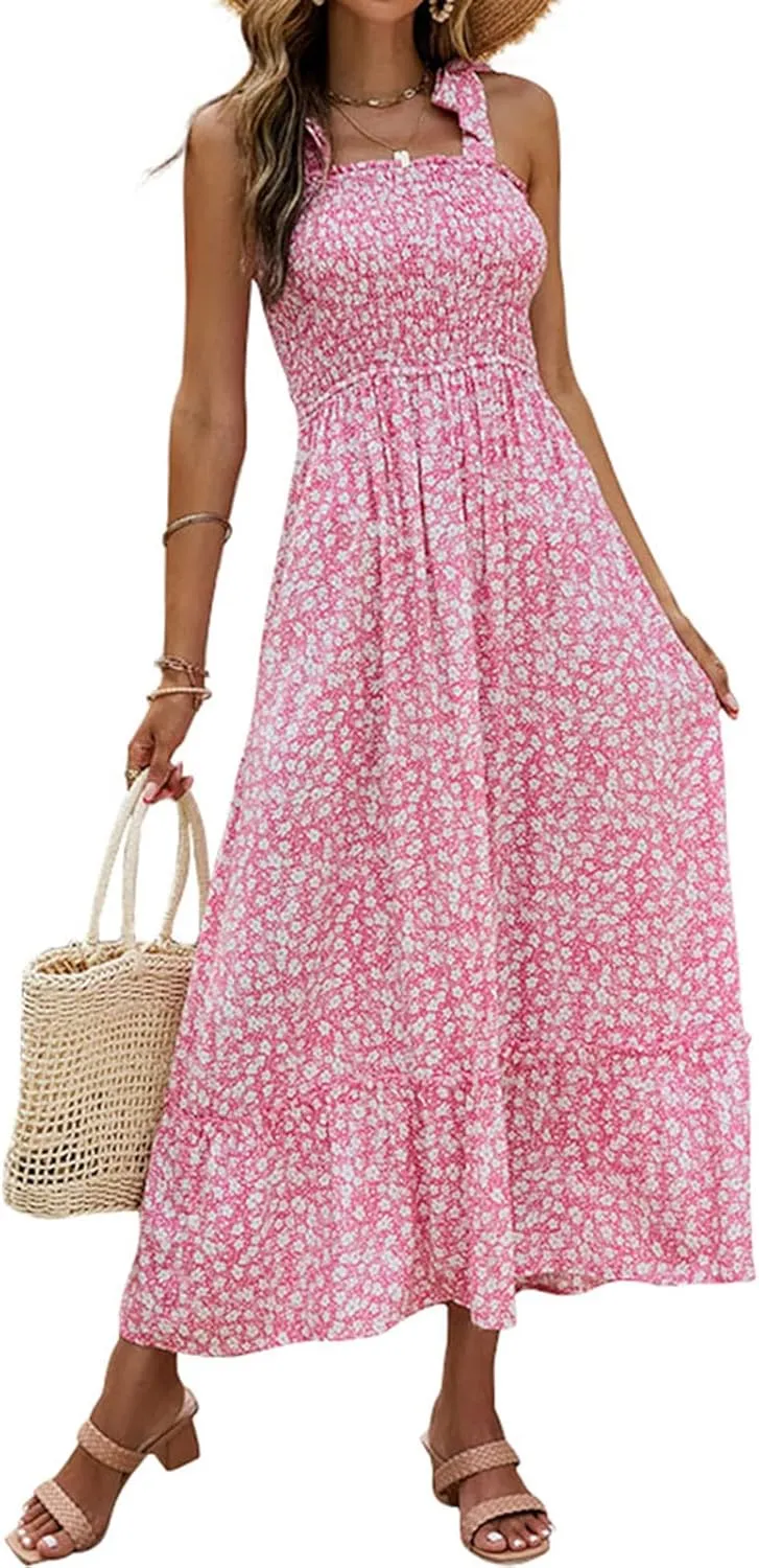 Tobrief Women's Boho Dress Summer Spaghetti Strap Square Neck Flowy Ruffle Beach Long Maxi Dress