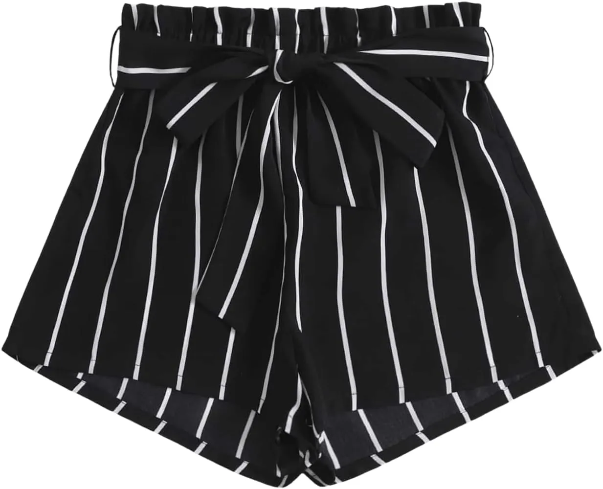 WDIRARA Women's Striped Paperbag Waist Wide Leg Belted Shorts Casual High Waist Shorts