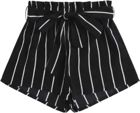WDIRARA Women's Striped Paperbag Waist Wide Leg Belted Shorts Casual High Waist Shorts