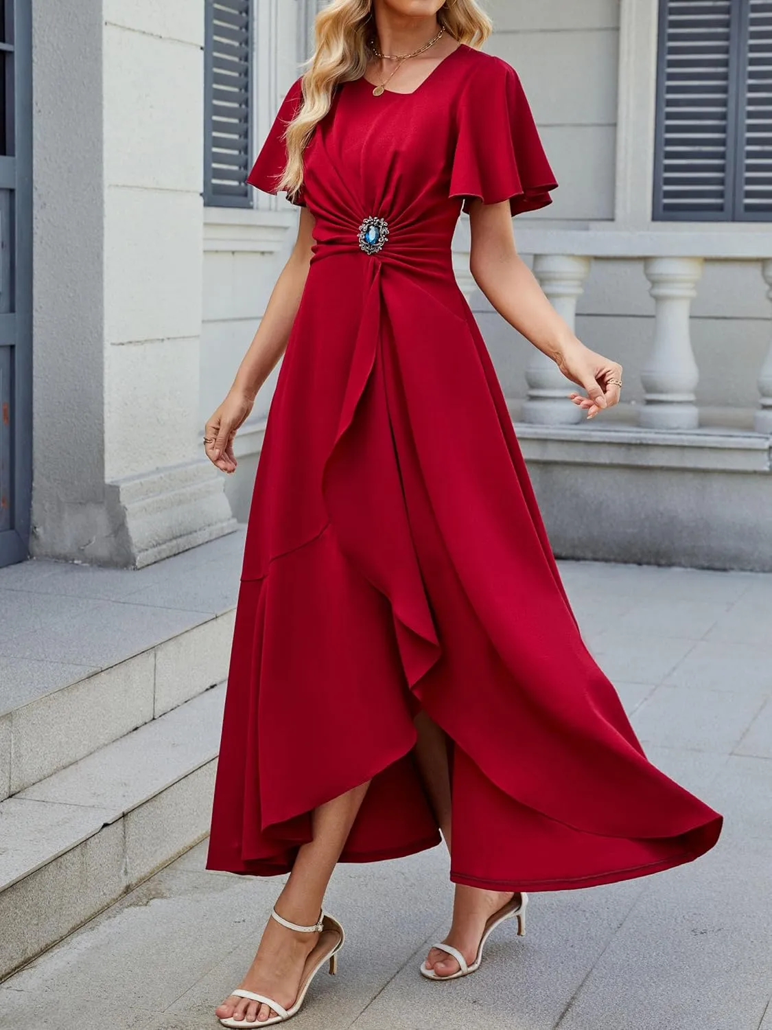 Wedding Guest Dresses for Women Have Pockets Cocktail Dress Ruffle Sleeve A Line Evening Party Formal Dresses for Women