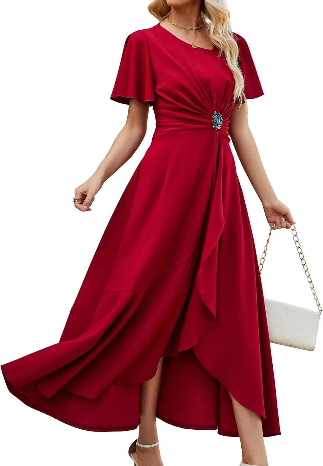 Wedding Guest Dresses for Women Have Pockets Cocktail Dress Ruffle Sleeve A Line Evening Party Formal Dresses for Women