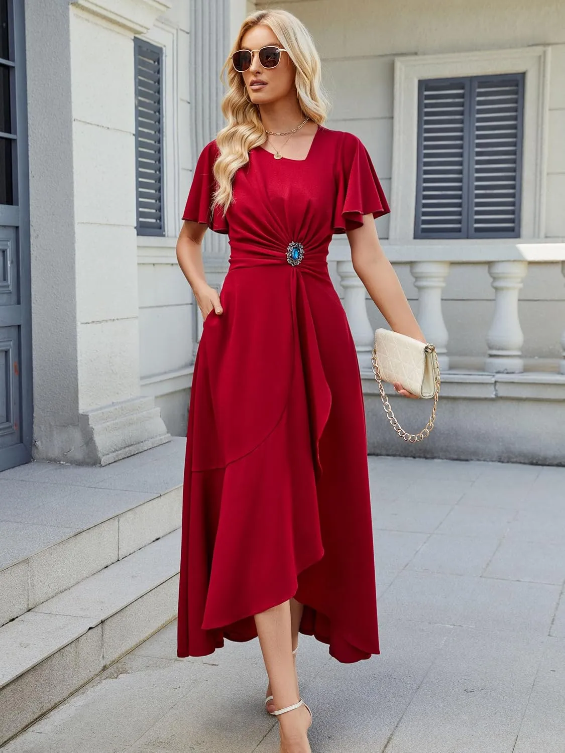 Wedding Guest Dresses for Women Have Pockets Cocktail Dress Ruffle Sleeve A Line Evening Party Formal Dresses for Women