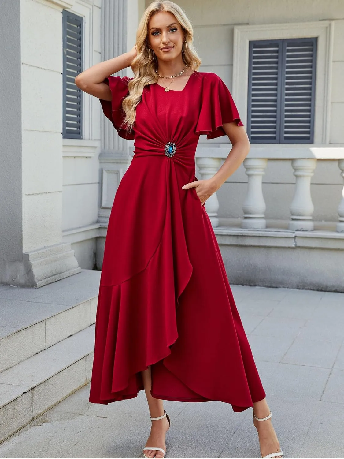 Wedding Guest Dresses for Women Have Pockets Cocktail Dress Ruffle Sleeve A Line Evening Party Formal Dresses for Women