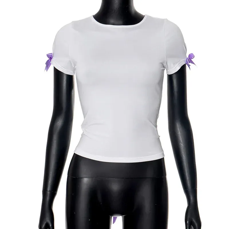 White Shirts O T Summer Crop Bow Bandage Backless Neck Street Sexy Tees Top