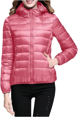 Women Down Jackets Casual Warm Lightweight Hooded Windproof Trendy Slim Fit Quilted Winter Coat Outerwear with Pocket