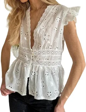 Women Lace Trim Tank Top Vneck Sleeveless Eyelet Embroidery Peplum Shirt Y2k Going Out Vacation Flowy Cami Shirt