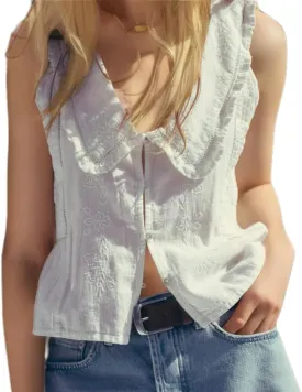 Women Lace Trim Tank Top Vneck Sleeveless Eyelet Embroidery Peplum Shirt Y2k Going Out Vacation Flowy Cami Shirt