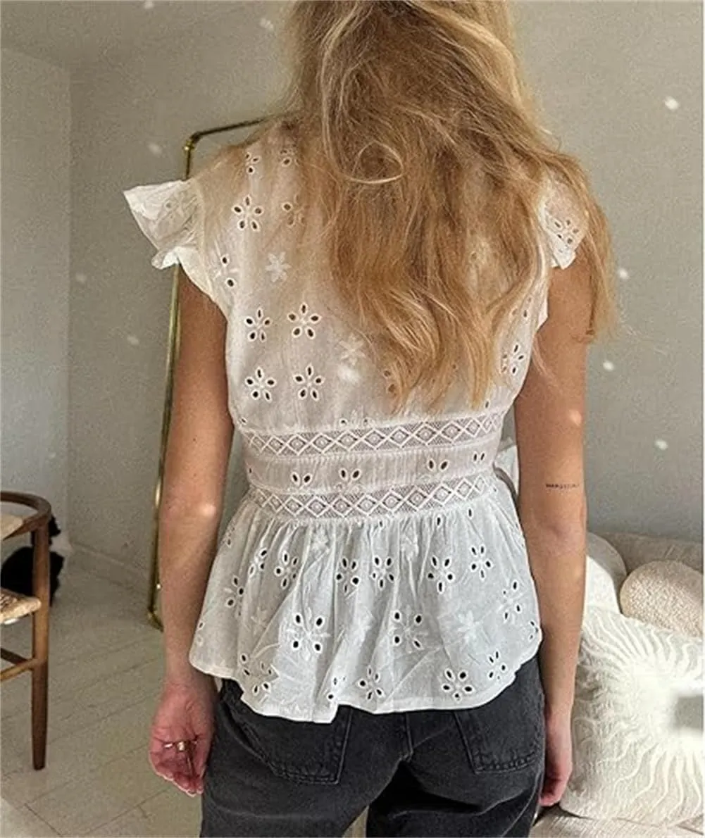 Women Lace Trim Tank Top Vneck Sleeveless Eyelet Embroidery Peplum Shirt Y2k Going Out Vacation Flowy Cami Shirt