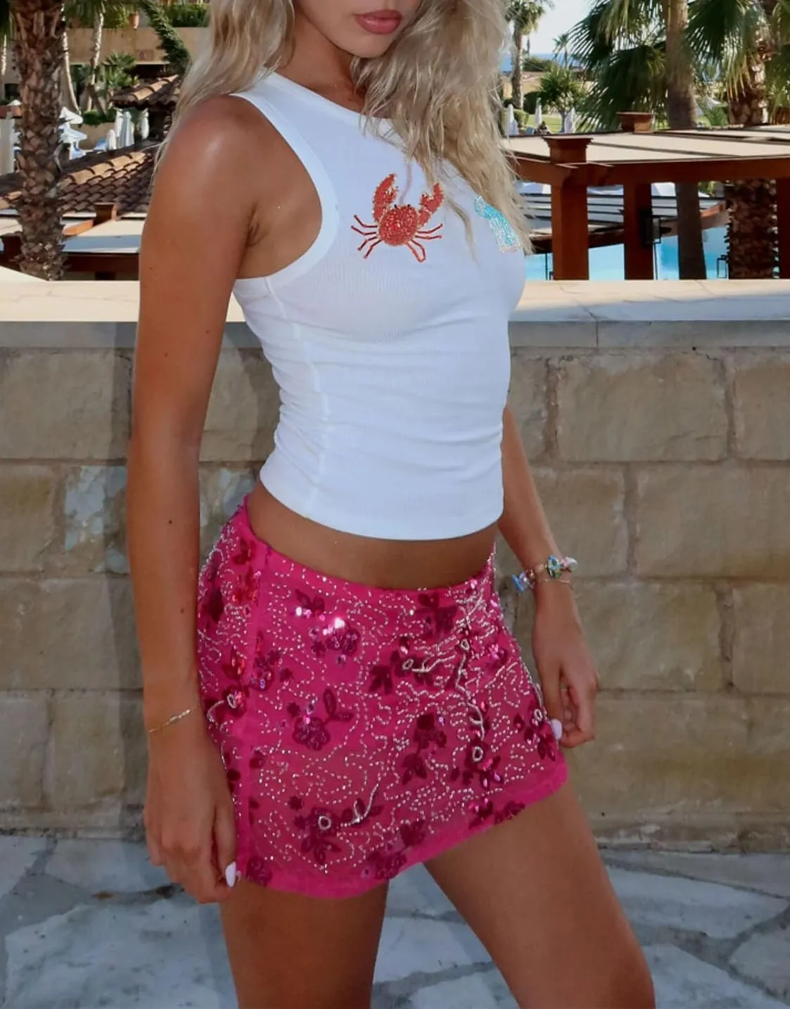Women Starfish Sequin Tank Top Y2k Embroidered Bead Tank Top Aesthetic Ribbed Sleeveless Summer Crop Tops