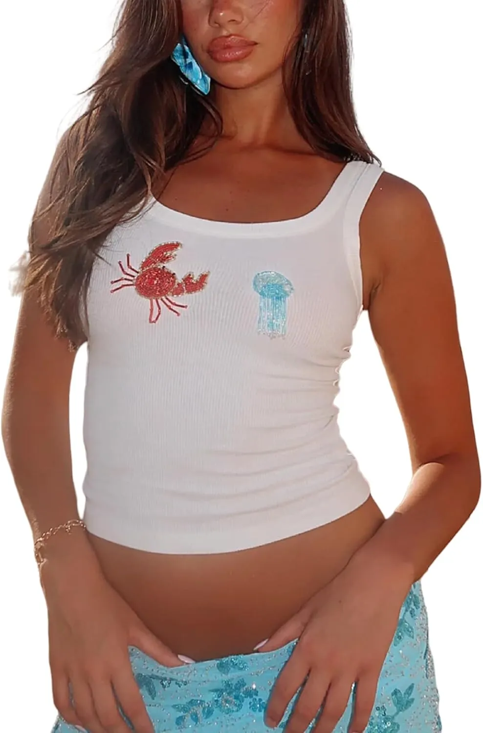 Women Starfish Sequin Tank Top Y2k Embroidered Bead Tank Top Aesthetic Ribbed Sleeveless Summer Crop Tops