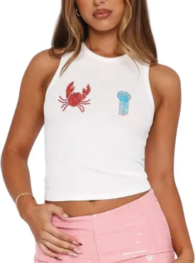 Women Starfish Sequin Tank Top Y2k Embroidered Bead Tank Top Aesthetic Ribbed Sleeveless Summer Crop Tops