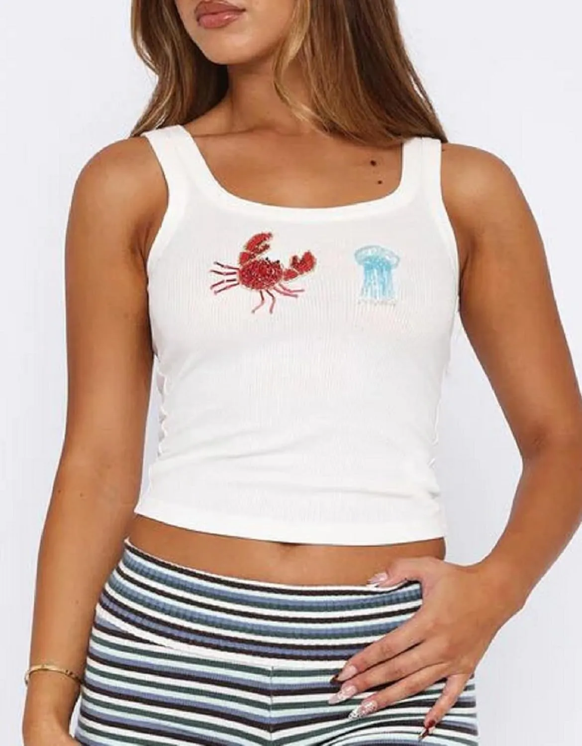 Women Starfish Sequin Tank Top Y2k Embroidered Bead Tank Top Aesthetic Ribbed Sleeveless Summer Crop Tops