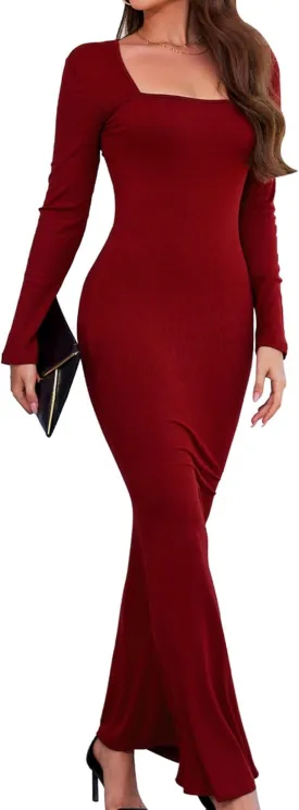 Women's 2025 Spring Dresses Square Neck Long Sleeve Ribbed Knit Elegant Evening Party Casual Bodycon Long Maxi Dress