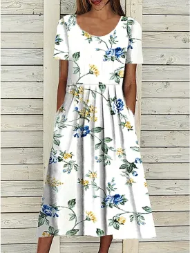 Women's Casual Dress Midi Dress White Blue Green Short Sleeve Floral Ruched Summer Spring Crew Neck Basic Loose Fit 2023 S M L XL XXL 3XL