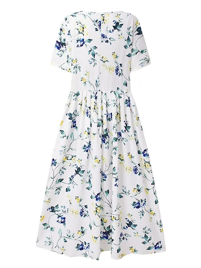 Women's Casual Dress Midi Dress White Blue Green Short Sleeve Floral Ruched Summer Spring Crew Neck Basic Loose Fit 2023 S M L XL XXL 3XL