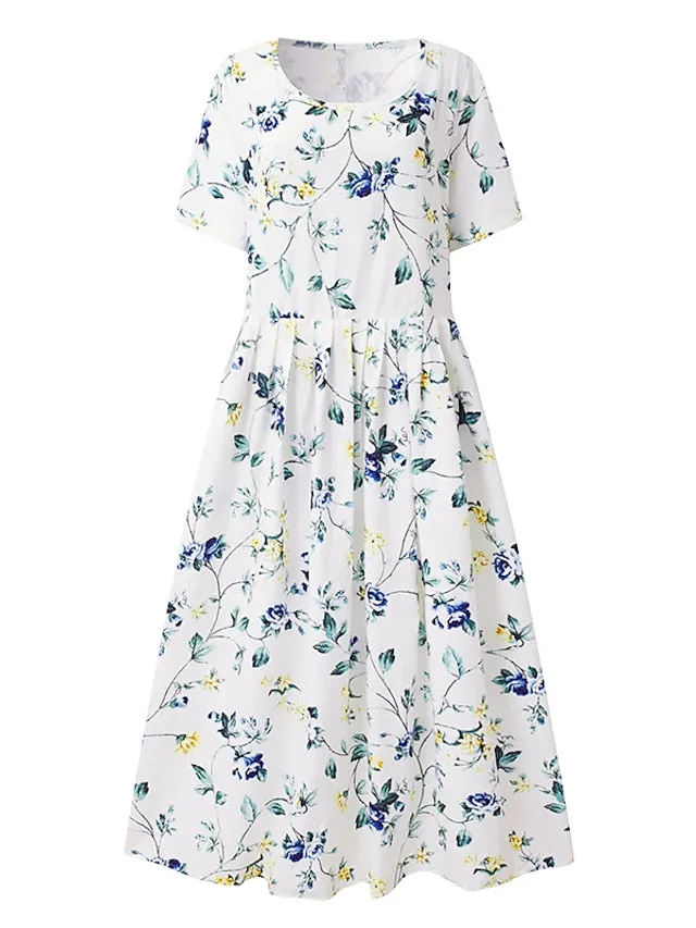 Women's Casual Dress Midi Dress White Blue Green Short Sleeve Floral Ruched Summer Spring Crew Neck Basic Loose Fit 2023 S M L XL XXL 3XL