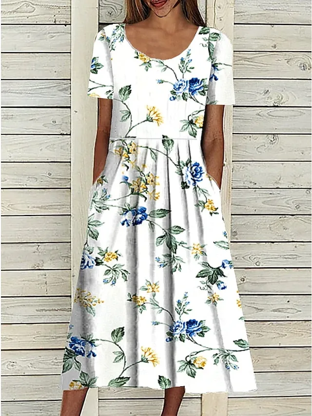 Women's Casual Dress Midi Dress White Blue Green Short Sleeve Floral Ruched Summer Spring Crew Neck Basic Loose Fit 2023 S M L XL XXL 3XL