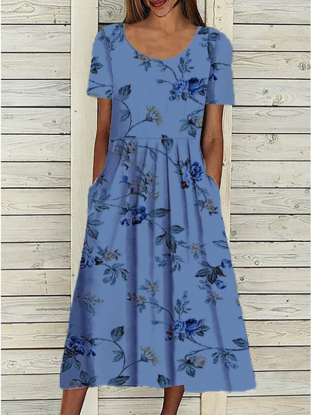 Women's Casual Dress Midi Dress White Blue Green Short Sleeve Floral Ruched Summer Spring Crew Neck Basic Loose Fit 2023 S M L XL XXL 3XL