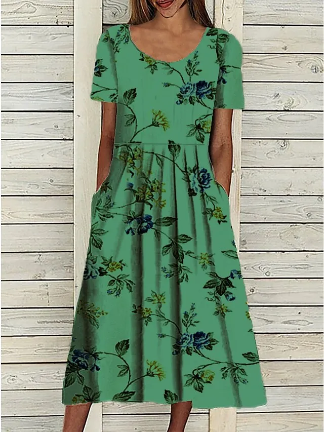 Women's Casual Dress Midi Dress White Blue Green Short Sleeve Floral Ruched Summer Spring Crew Neck Basic Loose Fit 2023 S M L XL XXL 3XL