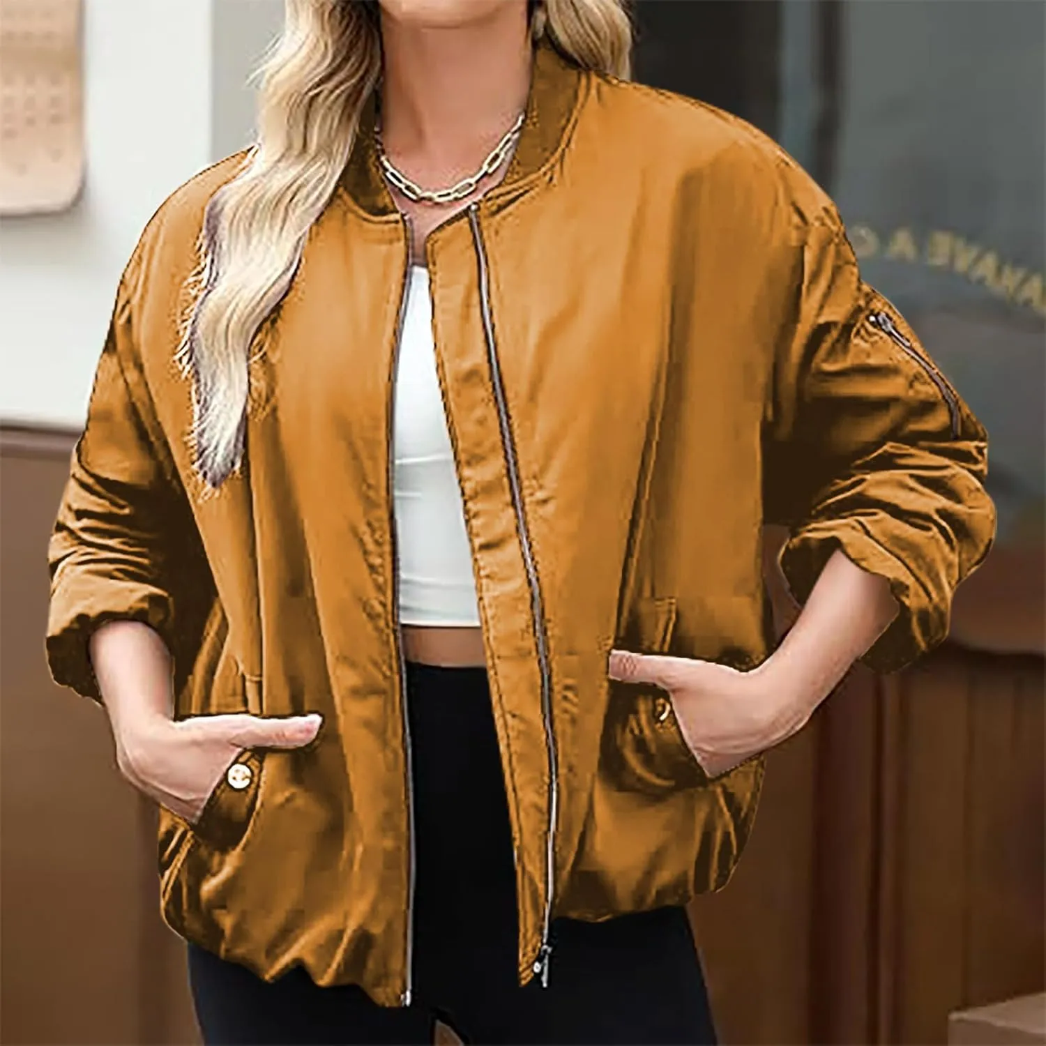 Women's Cropped Bomber Jackets Casual Zip Up Long Sleeve Outerwear Winter Warm Quilted Short Jacket Fully Lined Coats