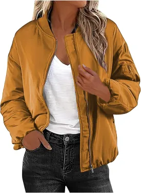 Women's Cropped Bomber Jackets Casual Zip Up Long Sleeve Outerwear Winter Warm Quilted Short Jacket Fully Lined Coats