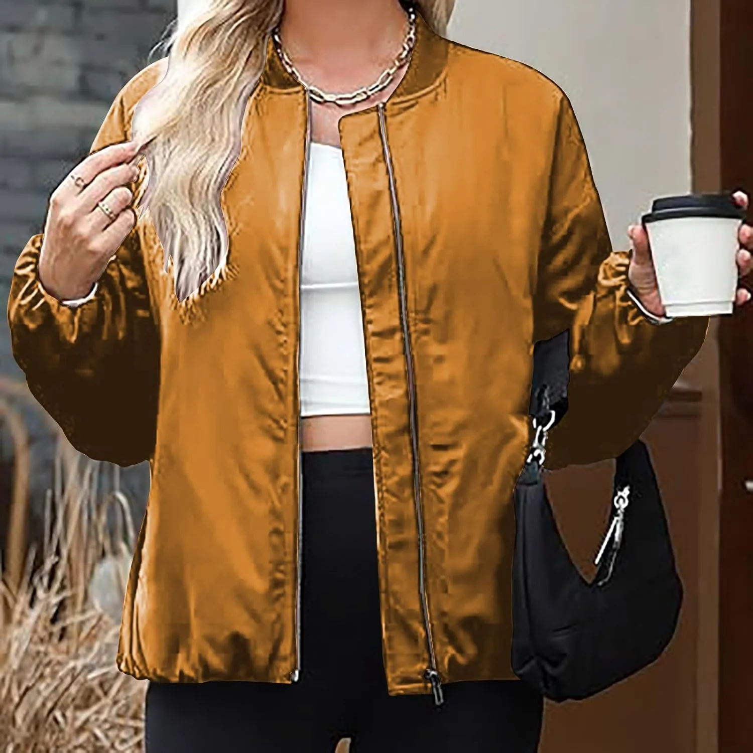Women's Cropped Bomber Jackets Casual Zip Up Long Sleeve Outerwear Winter Warm Quilted Short Jacket Fully Lined Coats