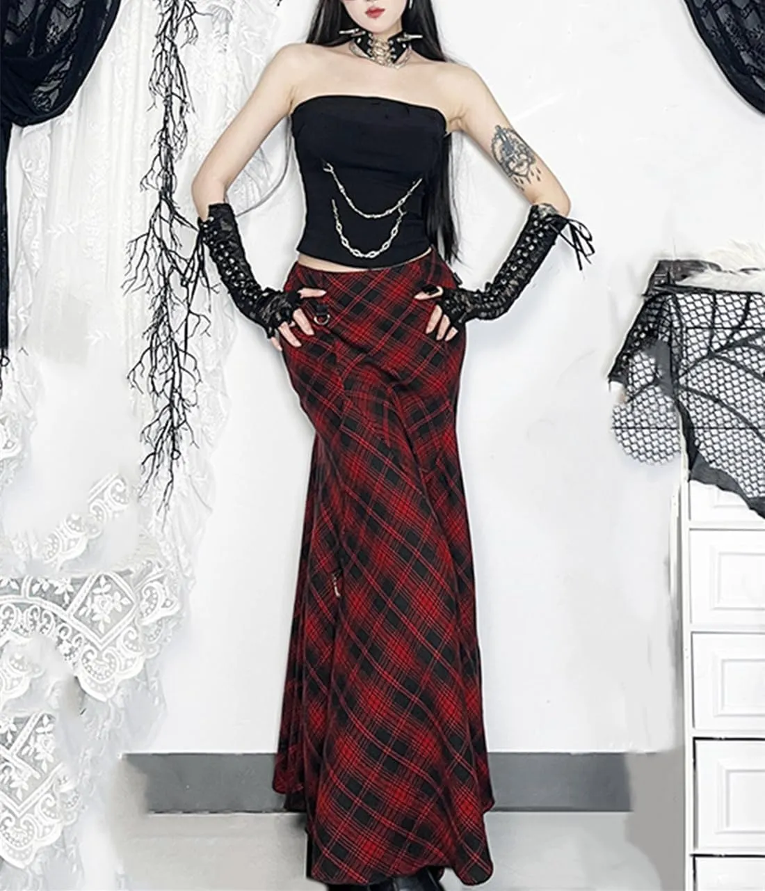 Womens Goth Plaid Skirts High Waist Asymmetrical Long Maxi Skirt Emo Grunge Punk Pleated Skirts