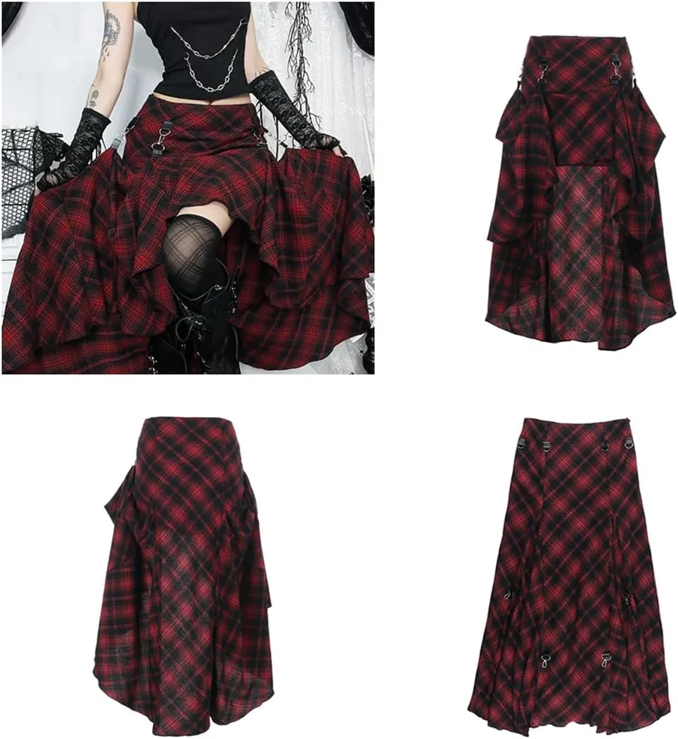 Womens Goth Plaid Skirts High Waist Asymmetrical Long Maxi Skirt Emo Grunge Punk Pleated Skirts