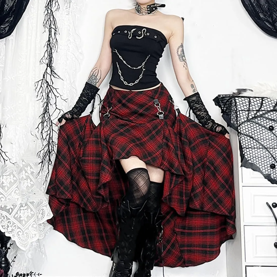 Womens Goth Plaid Skirts High Waist Asymmetrical Long Maxi Skirt Emo Grunge Punk Pleated Skirts