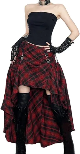 Womens Goth Plaid Skirts High Waist Asymmetrical Long Maxi Skirt Emo Grunge Punk Pleated Skirts