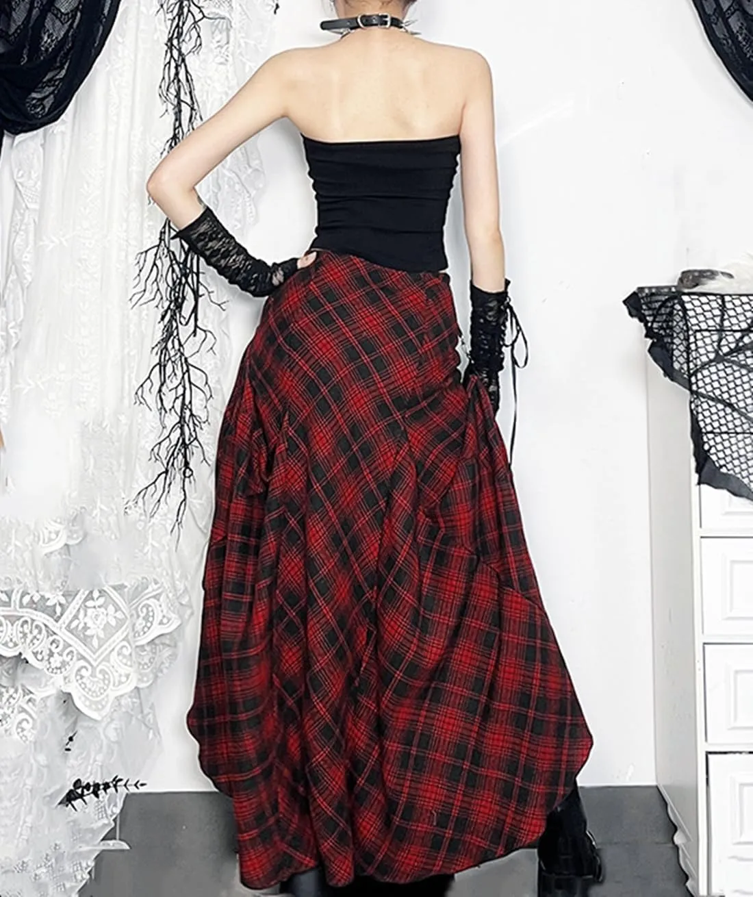 Womens Goth Plaid Skirts High Waist Asymmetrical Long Maxi Skirt Emo Grunge Punk Pleated Skirts