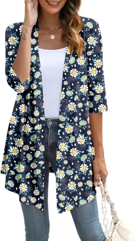 Womens Lightweight Open Front Cardigan Casual Loose Knit 3/4 Sleeves Fall Outwear Fashion