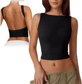 Women's Sexy Open Back Sleeveless Crop Tank, Open Back Tank Tops for Women 2024 Summer Solid Low Back Tank Tops