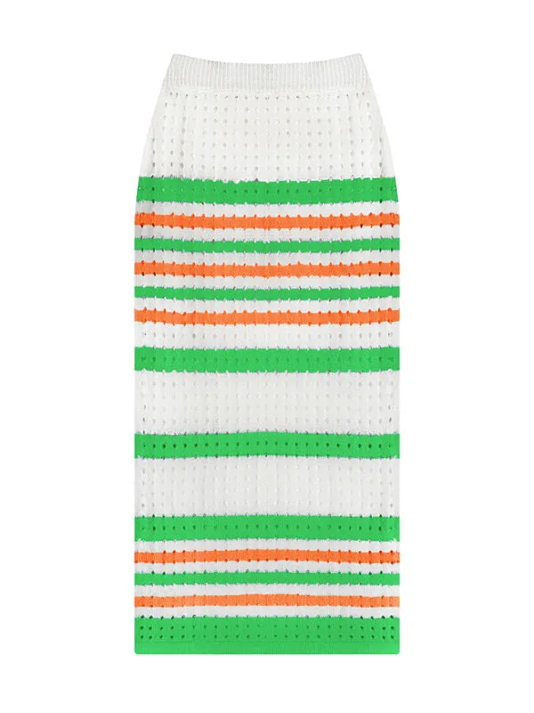 Women's Striped Hollow Short Vest   Slit Long Skirt Two-Piece Suit
