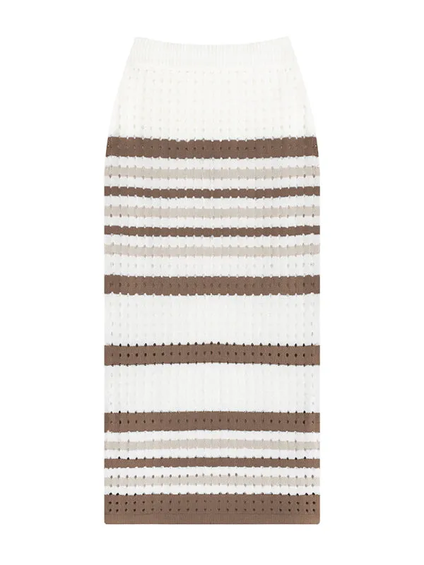 Women's Striped Hollow Short Vest   Slit Long Skirt Two-Piece Suit