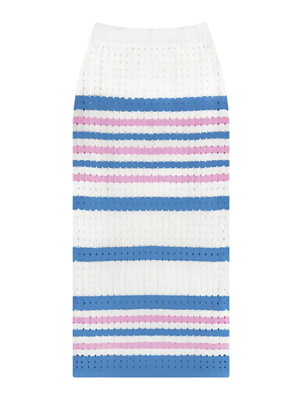 Women's Striped Hollow Short Vest   Slit Long Skirt Two-Piece Suit