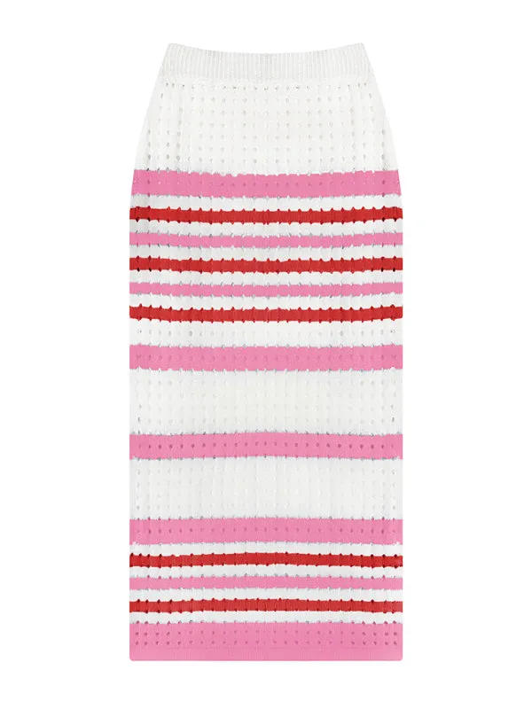 Women's Striped Hollow Short Vest   Slit Long Skirt Two-Piece Suit