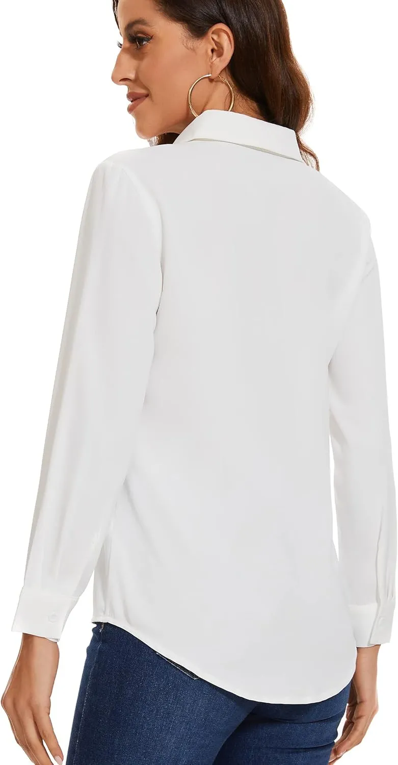 YAMANMAN Womens Button Down Shirts Long Sleeve Casual Chiffon Blouses Loose Pleated Collared Work Office Tops