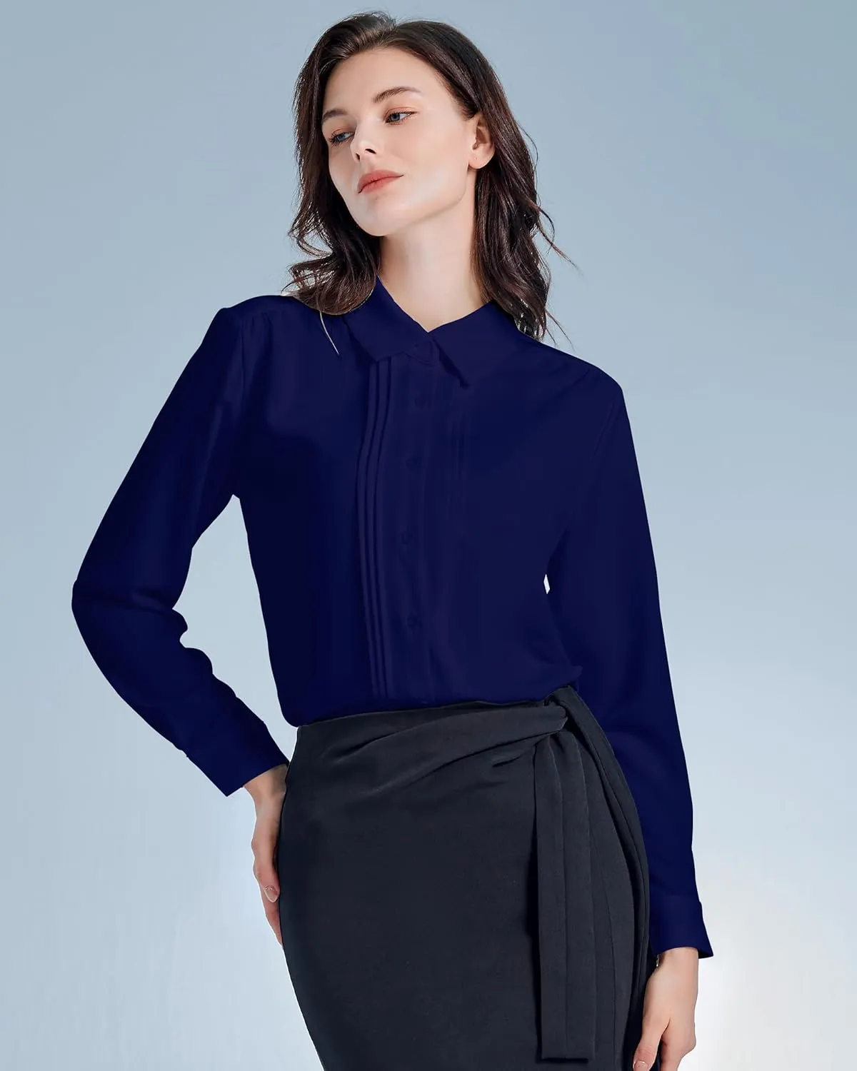 YAMANMAN Womens Button Down Shirts Long Sleeve Casual Chiffon Blouses Loose Pleated Collared Work Office Tops
