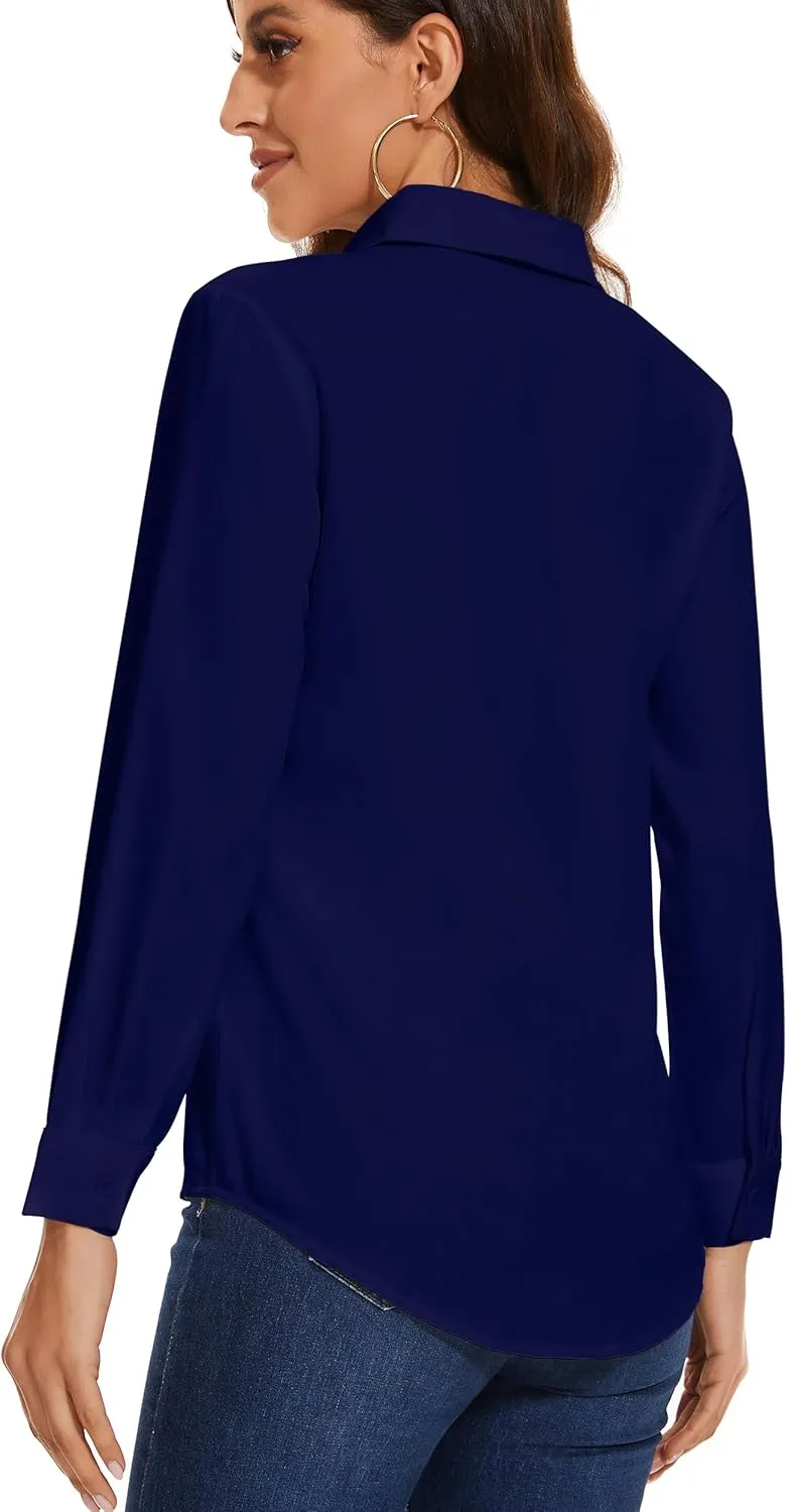 YAMANMAN Womens Button Down Shirts Long Sleeve Casual Chiffon Blouses Loose Pleated Collared Work Office Tops