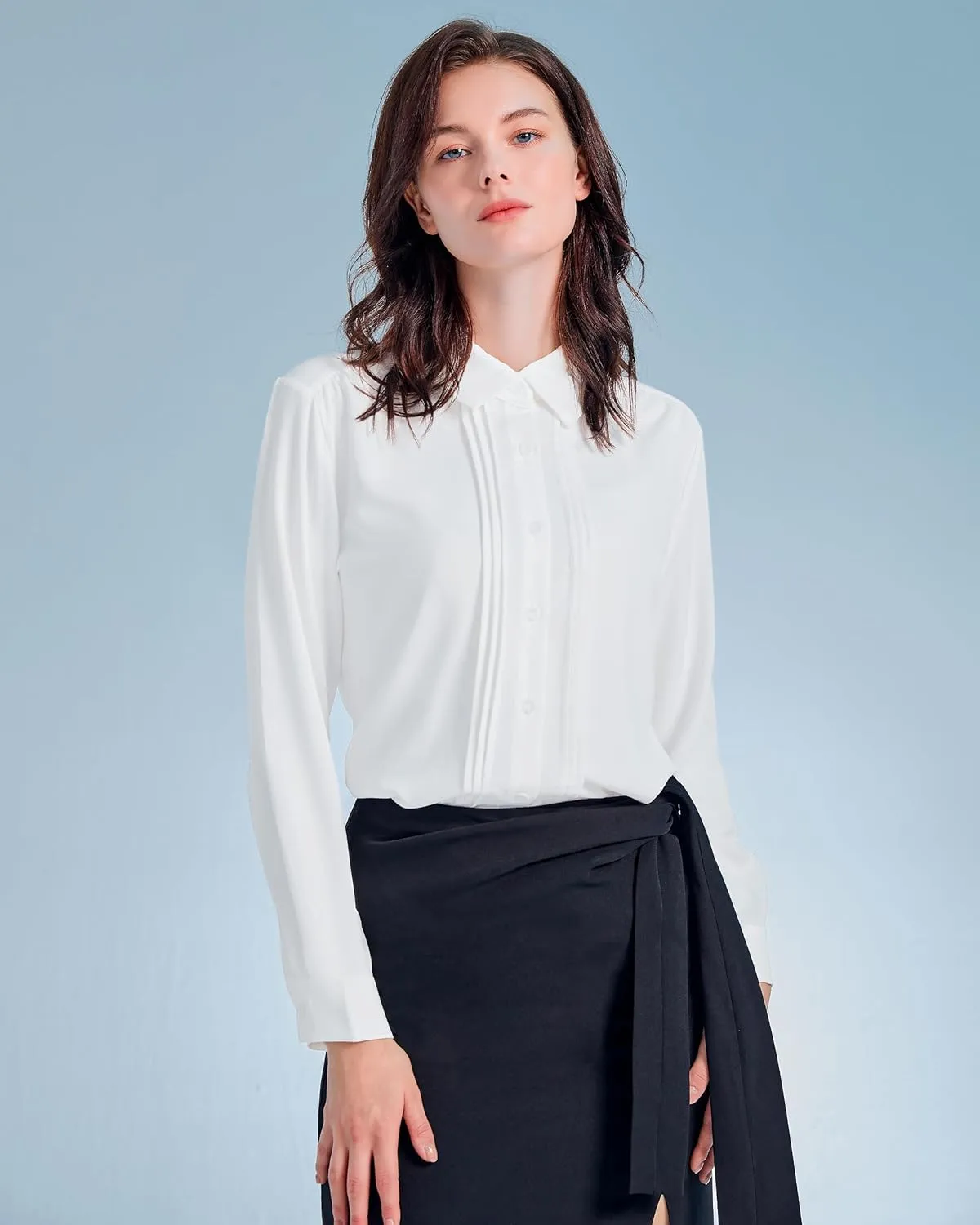 YAMANMAN Womens Button Down Shirts Long Sleeve Casual Chiffon Blouses Loose Pleated Collared Work Office Tops