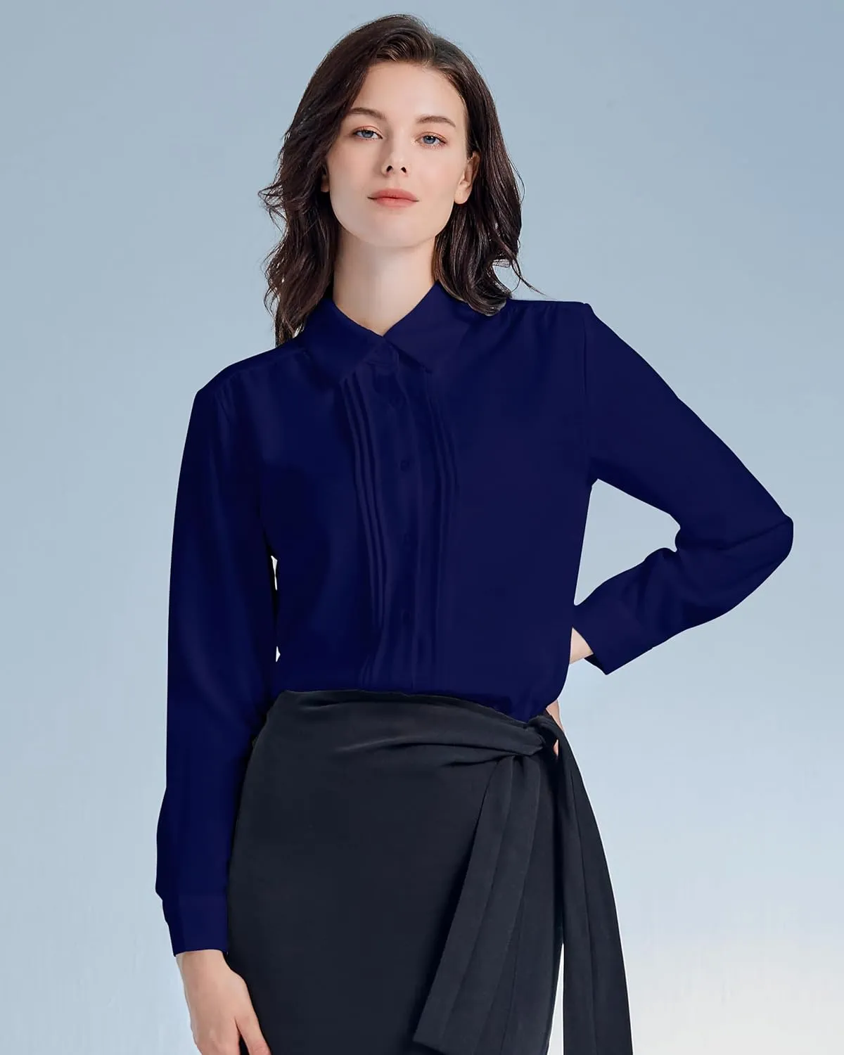 YAMANMAN Womens Button Down Shirts Long Sleeve Casual Chiffon Blouses Loose Pleated Collared Work Office Tops