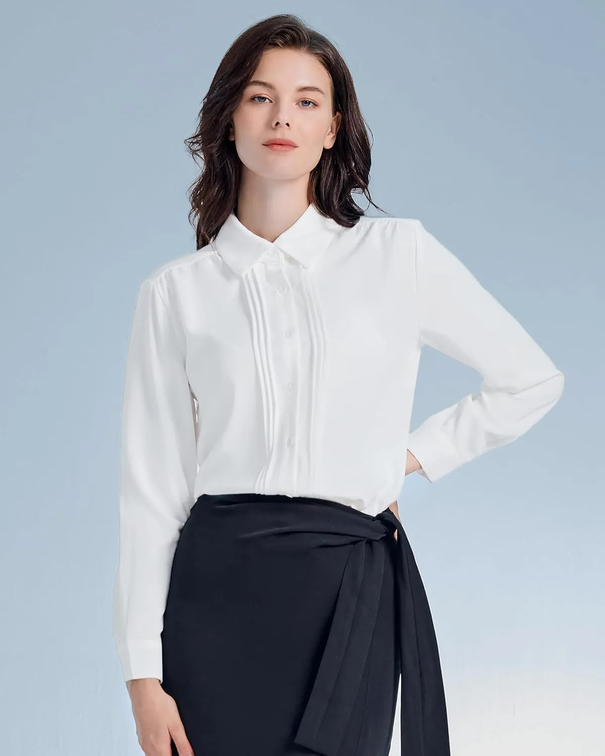 YAMANMAN Womens Button Down Shirts Long Sleeve Casual Chiffon Blouses Loose Pleated Collared Work Office Tops