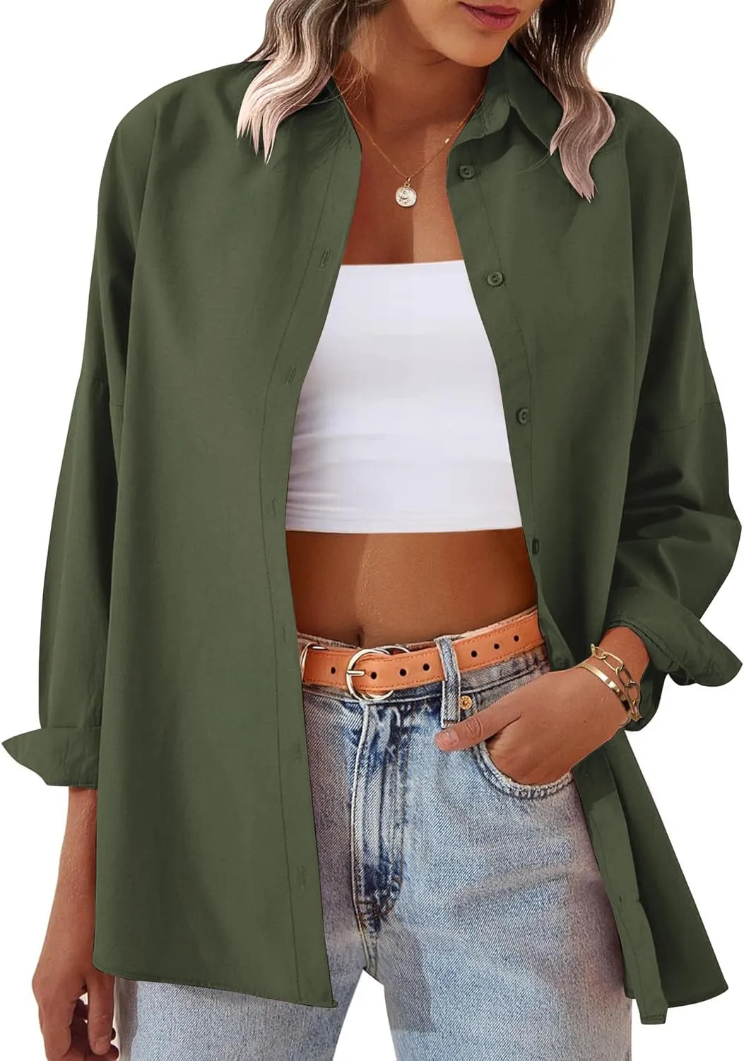 Zeagoo Womens Button Down Shirt Long Sleeve Blouses Solid Work Casual Business Tops Loose Fit Fall Shirts S-2XL